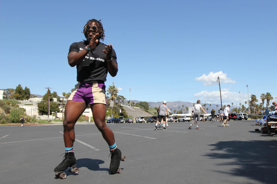 Terrance Brown skates at the weekly SB Rollers meetup on March 21, 2021, at Lot 3 on the City College campus in Santa Barbara Calif. “The core group started off as six people,” he said. “It started growing from there.”