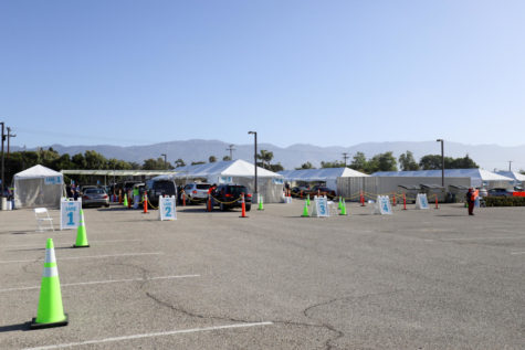The drive-through vaccine clinic at Goleta Valley Cottage Hospital has multiple immunization tents, including a walk-up tent for locals and UCSB students that dont have a car on April 16 at Goleta Valley Cottage Hospital in Goleta, Calif. 
