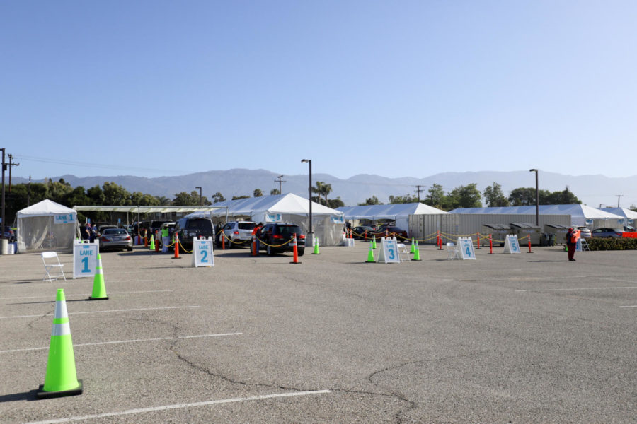 The drive-through vaccine clinic at Goleta Valley Cottage Hospital has multiple immunization tents, including a walk-up tent for locals and UCSB students that don't have a car on April 16 at Goleta Valley Cottage Hospital in Goleta, Calif. 