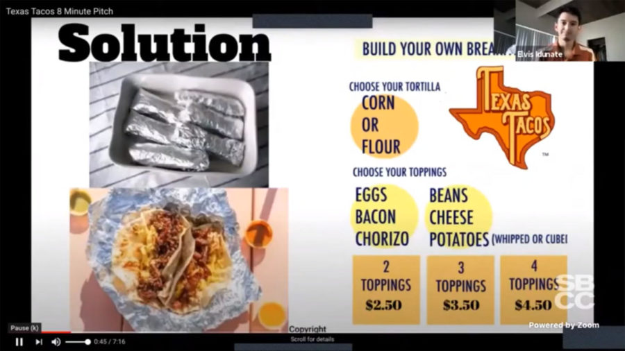 First+place+winner+Elvis+Idunate+and+his+business+Texas+Tacos+at+the+11th+annual+Scheinfeld+New+Venture+Challenge+on+Friday%2C+April+23%2C+over+Zoom.+Idunates+business+Texas+Tacos+provides+the+students+in+Isla+Vista+quick%2C+healthy+and+affordable+breakfast+options.