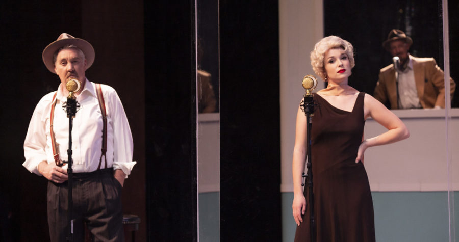 From left, Van Riker as Joe Morelli, Madison Widener as Julia Wolf, and Brian Harwell as W.S. Van Dyke in SBCC’s online streamed production of The Thin Man. Performers wore period clothes reflecting the original 1930s radio broadcast. Courtesy image from Ben Crop, The Theatre Group at SBCC
