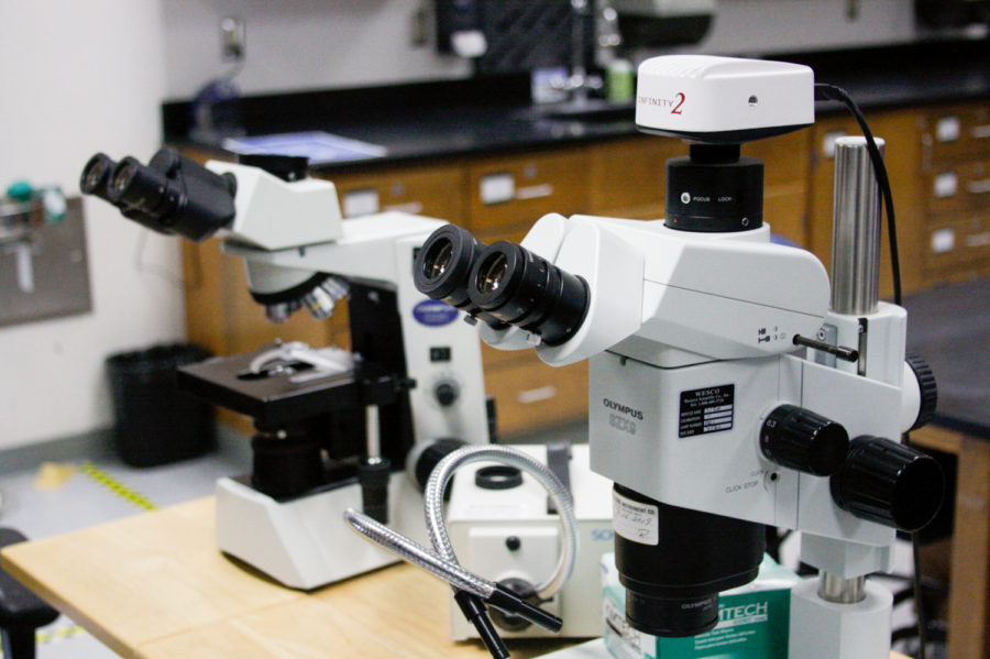 Two microscopes sit at the front of a classroom in the Earth and Biological Sciences building on April, 26 at City College in Santa Barbara, Calif. The camera on the top of the right microscope allows teachers to show students what theyre seeing, but the quality of the cameras has diminished over the years.