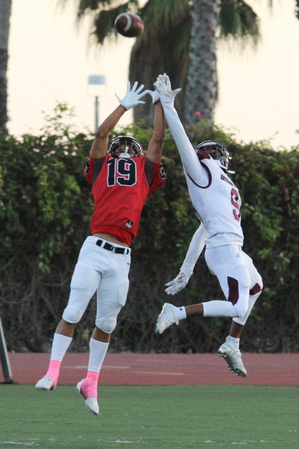 After the first football season cancelation in 65 years due to COVID-19, City College will open practices up for 15 days to the largest roster in head coach Craig Moropoulos' 15 years. File photo of Cory Butler (19) attempting to intercept the pass on Oct. 5, 2019, at La Playa Stadium at City College in Santa Barbara, Calif.
