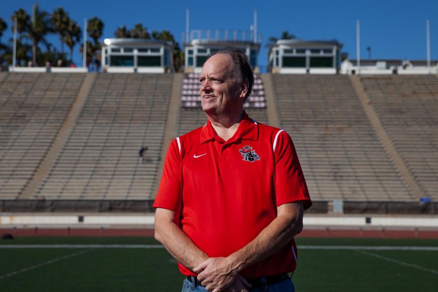 City College Sports Information Specialist Dave Loveton died on Wednesday, April 28, 2021. “This was incredibly heartbreaking news,” said Athletic Director Rocco Constantino. Loveton stands in the center of La Playa Field on Friday, Nov. 8, at City College in Santa Barbara, Calif.