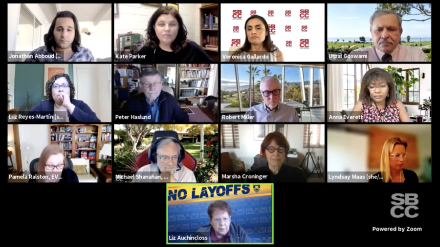 Screen grab from the April 1 Board of Trustees special meeting, where the board unanimously voted to rescind its decision to layoff three classified employees. The board's decision at its Feb. 25 meeting was met with much criticism from the campus community, which spoke out against the layoffs.