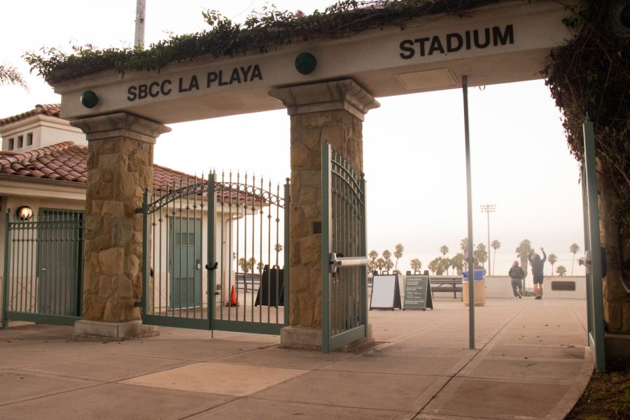Morning fog rolls in through the entrance to La Playa stadium on Friday, Sept. 3, 2021 at City College in Santa Barbara, Calif. The first home game to be played at the stadium since the pandemic will be Tuesday, August 7, 2021.