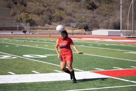 Destiny Boynton braces herself as she heads the ball during the Vaqueros’ first home game of the fall 2021 season on Sept. 7 in La Playa Stadium at Santa Barbara City College in Calif. The Vaqueros defeated the Taft College Cougars 6-1.