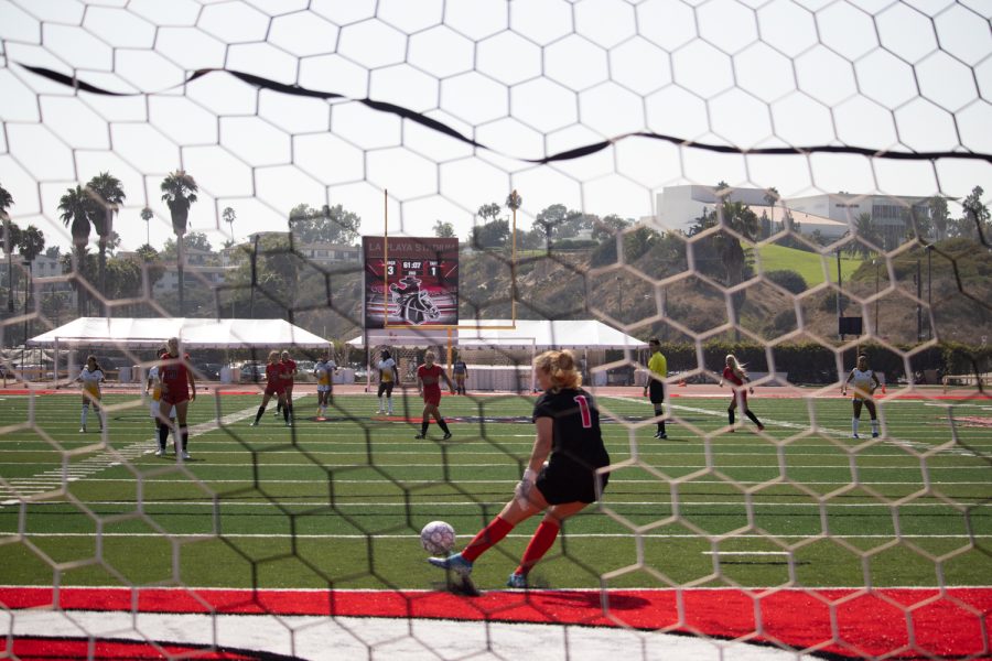 Analea Pule, center, launches the ball across the field with her goalie kick during the first home game of the fall 2021 season on Sept. 7 in La Playa Stadium at Santa Barbara City College in Calif. The Vaqueros defeated the Taft College Cougars 6-1.