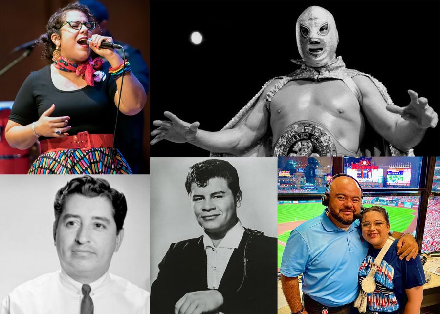 Clockwise from the top left, singer and musician Marisol “La Marisoul” Hernandez, wrestler and actor Rodolfo Guzmán Huerta, professionally known as “El Santo,” broadcaster Polo Ascencio with his daughter Arts & Entertainment Editor Bianca Ascencio, musician Ritchie Valens and journalist and activist Ruben Salazar.