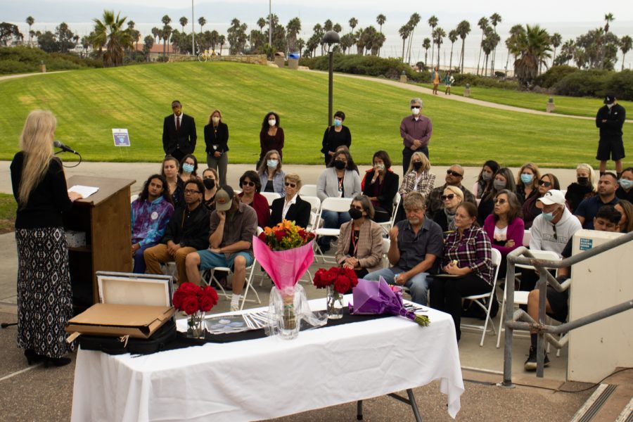 Adult High School Program and GED instructor Tricia Mautone remembers her time with recently deceased student Greigary Fingerle at a flag lowering ceremony to celebrate his life on Sept. 27 at City College in Santa Barbara, Calif. He graduated from the Adult High School Program in the spring of 2020 where he frequently worked with Mautone.