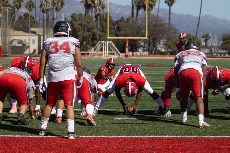 The City College football team sets up a play during their game with LA Pierce College on Saturday, Oct. 16 at La Playa stadium at City College in Santa Barbara, Calif. City College beat LA Pierce 60-6.