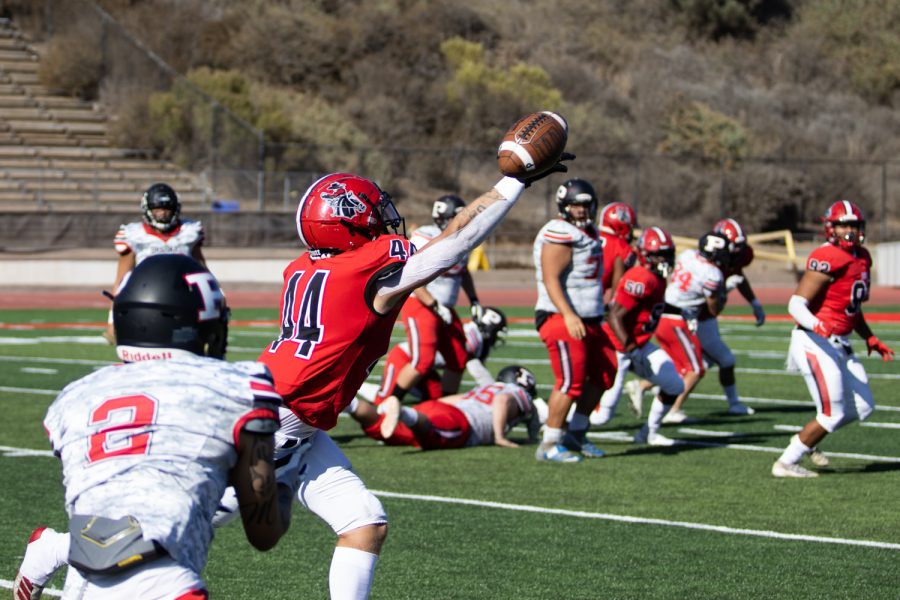 Vaqueros Linebacker Zach Schipper blocks a pass to Christian Mills during a game with LA Pierce College on Saturday, Oct. 16 at City College's La Playa stadium in Santa Barbara, Calif. City College beat LA Pierce 60-6. 