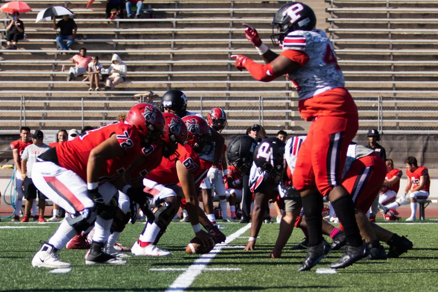 The Vaqueros offense gets into formation at the scrimmage line during a game with LA Pierce College on Saturday, Oct. 16 at City College's La Playa stadium in Santa Barbara, Calif. City College beat LA Pierce 60-6. 