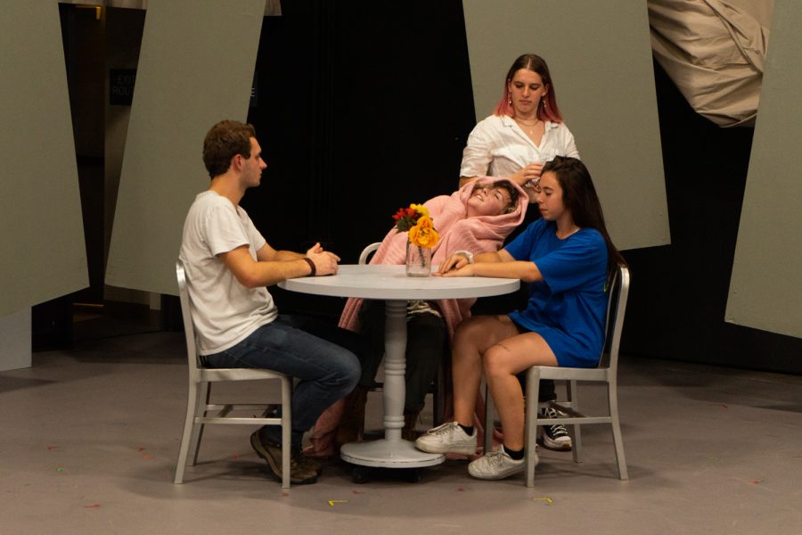 From left, Tyler Witucki, Lexie Brent, Abbie Mintz, and Sydney Bascom rehearse a dinner scene for the play “Wanda's Visit” on Oct. 27 in the Jurkowitz Theatre at City College in Santa Barbara, Calif. Brent plays “Wanda”, a zany character who intrudes on the lives of her old high school sweetheart and his wife.