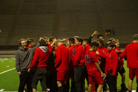 The Vaqueros men’s soccer team huddles together after defeating Moorpark College on Oct. 19 at La Playa Stadium at City College in Santa Barbara, Calif. City College won 2-1.