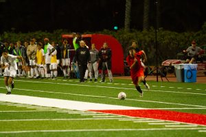 Will Demirkol sprints towards the goal in the final minutes of the game on Oct. 7 at La Playa Stadium at City College in Santa Barbara, Calif. Demirkol scored the winning goal in the final two minutes of the game.