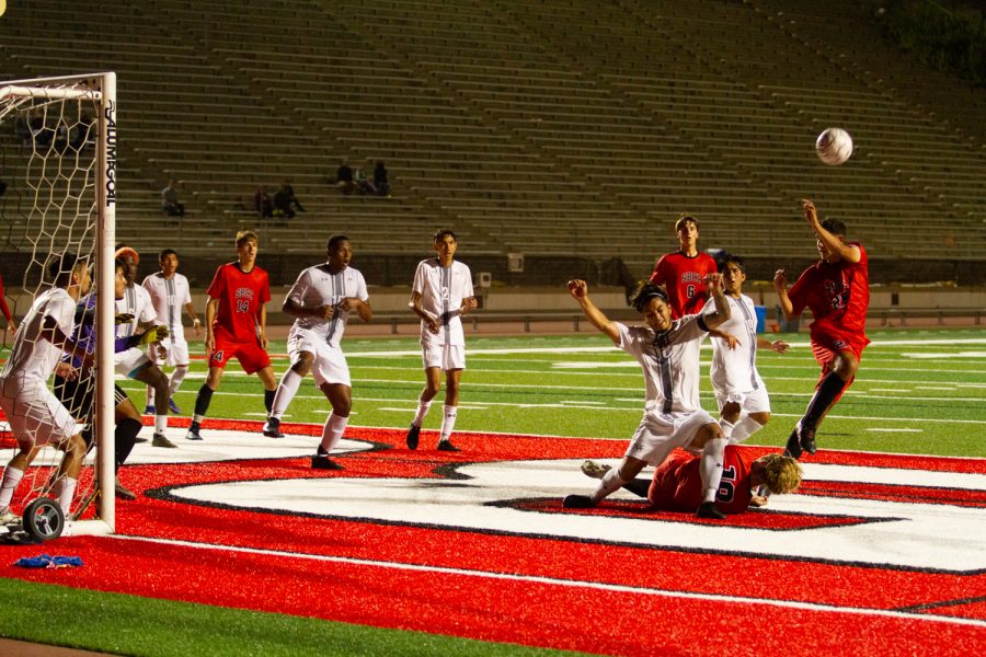 Antelope Valley and City College players collide after a corner kick during the soccer game on Oct. 7 at La Playa Stadium at City College in Santa Barbara, Calif. The Vaqueros went on to win the game 2-1.