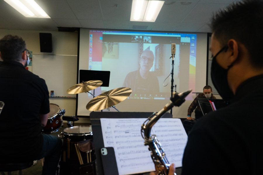 Grammy Award-winning artist Ted Nash virtually attends a Lunch Break Big Band rehearsal on Oct. 1 in the Drama/Music building at City College in Santa Barbara, Calif. The band members each play original compositions for Nash, then receive feedback on their work.