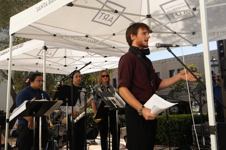 Eli Nania performs his original composition with the City College New World Jazz Ensemble on Oct. 9 on the terrace of the Santa Barbara Museum of Art. Nania’s piece was inspired by the sculpture “Donuts” by Jim Isermann.