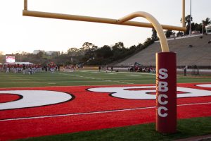 The Vaqueros football team clash with Orange Coast College La Playa Stadium's newly installed turf on Friday afternoon, Nov. 19 at City College in Santa Barbara, Calif.