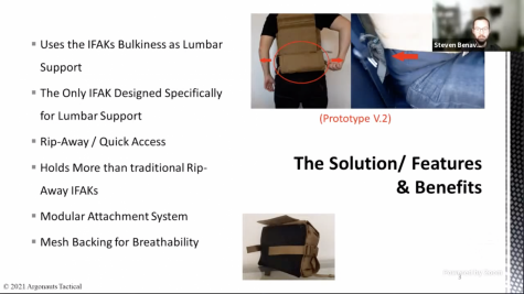 Steven Benavidez pitches the Lumbar IFAK (Individual First Aid Kit) from his clothing line “Argonauts Tactical” on Friday, Nov. 12 during the "Scheinfeld Get REAL Shark Tank” competition live stream. Benavidez designed the product using his own personal experience in the army as a reference and that this is the first IFAK engineered “specifically as back support.”