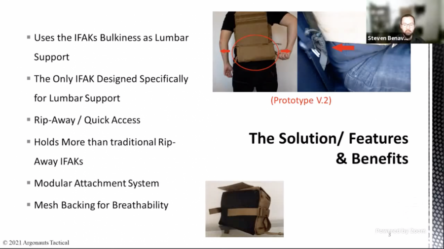 Steven Benavidez pitches the Lumbar IFAK (Individual First Aid Kit) from his clothing line “Argonauts Tactical” on Nov. 12, 2021 during the “2021 Scheinfeld Get Real Shark Tank” Zoom live stream. Bebavudez designed the product using his own personal experience in the army as a reference and that this is the first IFAK engineered “specifically as back support.”