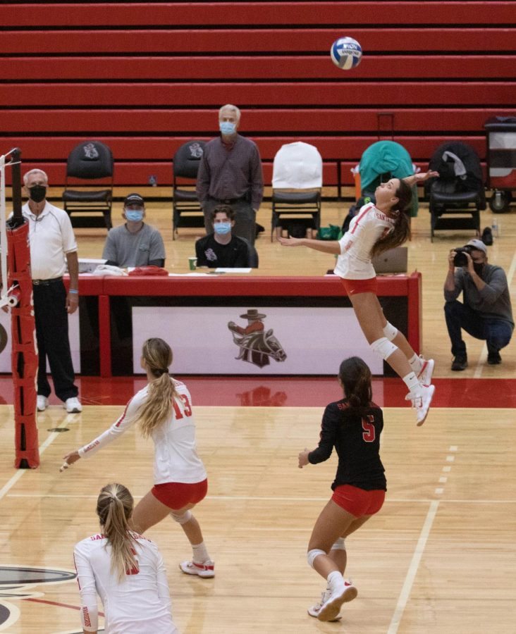Paige Rudi spikes the ball to return it to the Santa Monica side during their game on Nov. 16 at City College in Santa Monica, Calif. City College swept Santa Monica during all three matches.