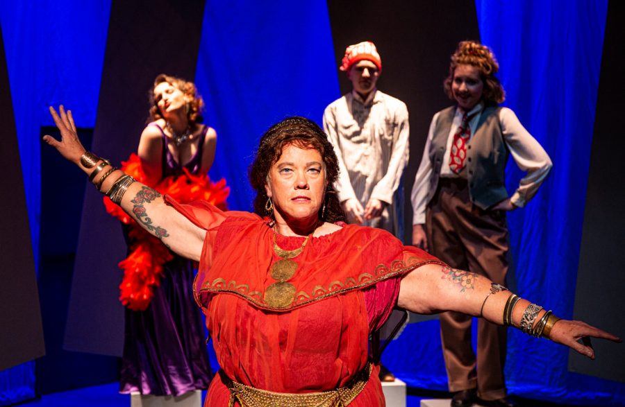 Liz Gates in front of Jackie Shearn, George Sullivan and Lexie Brent in the Theatre department’s production of “Laughing with Durang,” a collection of five plays by Christopher Durang on Oct. 29 at City College in Santa Barbara, Calif. Photo courtesy of Ben Crop.