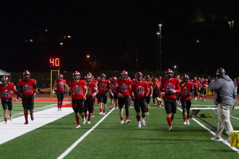 The Vaqueros football team rushes back on field after halftime during their game against Antelope Valley on Oct. 30 at La Playa Stadium at City College in Santa Barbara. City College was defeated 22-37.