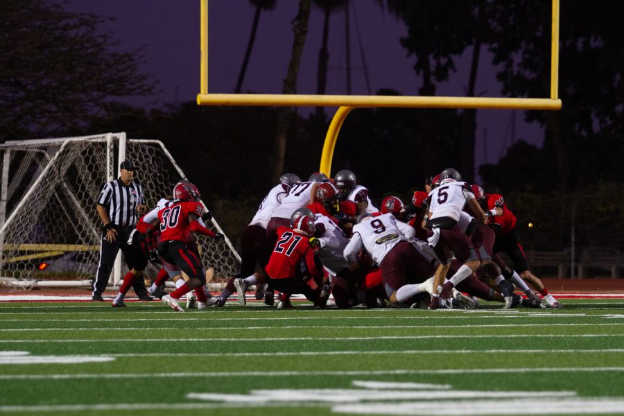 City College blocks Antelope Valley from getting a touchdown on Oct. 30 at La Playa Stadium in Santa Barbara, Calif. The Vaqueros held The Marauders to 5/15 conversions on third down. (<a href="https://www.thechannels.org/staff_profile/kapono-lizama/">Kapono Lizama</a>)