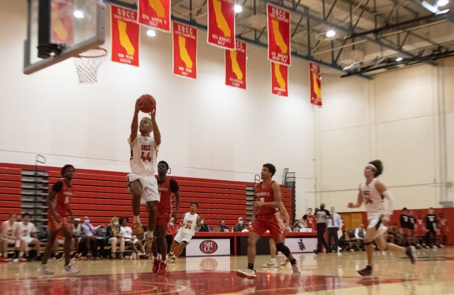 No. 44 Elijah Simpson goes for a layup during a game against the Bakersfield College Renegades on Tuesday, Nov. 9 at the Sports Pavilion at City College in Santa Barbara, Calif. The Renegades would go on to win 88-78.