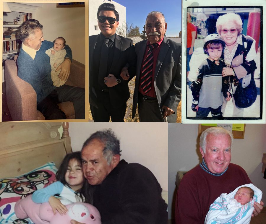 Clockwise from top left, Sports Editor Eric Evelhoch held by his grandfather, Sam Jankov, Editor-in-Chief Rodrigo Hernandez with his grandfather Leobardo “Leobas” Rodríguez, Opinion Editor August Lawrence with his grandmother Betty Goldstein, Staff Writer Jenna McMahon held by her grandfather Tom McMahon and Arts & Entertainment Editor Bianca Ascencio with her grandfather Leopoldo “Polo” Ascencio Sr.