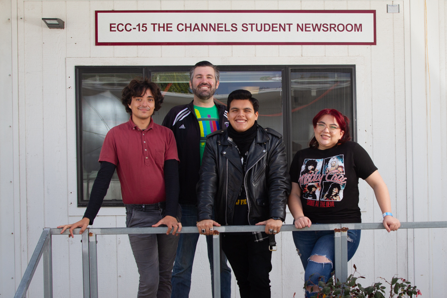 From left, Opinion Editor August Lawrence, Sports Editor Eric Evelhoch, Editor-in-Chief Rodrigo Hernandez and Arts and Entertainment Editor Bianca Ascencio pose outside the Channels Newsroom on Friday, Dec. 3 at City College in Santa Barbara, Calif.