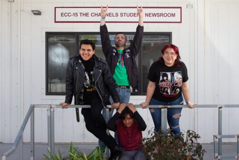 From left clockwise, Editor-in-Chief Rodrigo Hernandez, Sports Editor Eric Evelhoch, Arts and Entertainment Editor Bianca Ascencio and Opinion Editor August Lawrence clown around outside the Channels Newsroom on Friday, Dec. 3 at City College in Santa Barbara, Calif.