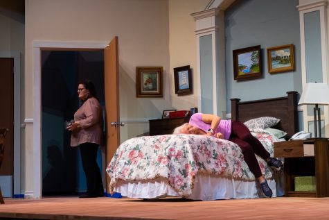 From left, Leslie Story exits the stage as Ann Dusenberry falls on the bed laughing during rehearsal on Oct. 6 at the Garvin Theatre at City College in Santa Barbara, Calif. Story and Dusenberry were the leads in the City College Theatre Company’s production of “Ripcord.”