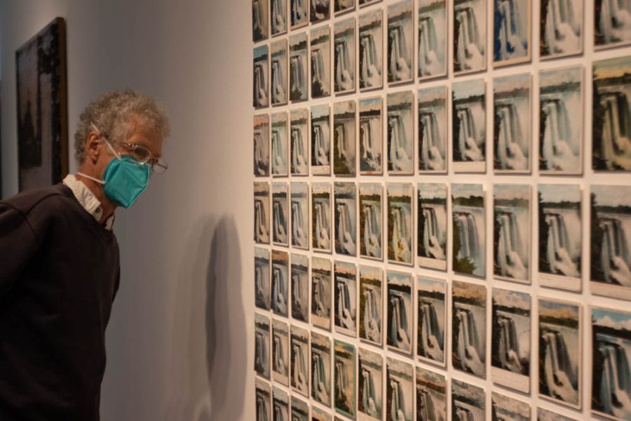 An Atkinson visitor admires Zoe Leonard's piece "Horseshoe Falls from Goat Island" on Thursday, Feb. 25 at City College in Santa Barbara, Calif. The piece is made up of 210 different post cards with images taken from the same location over a span of time.