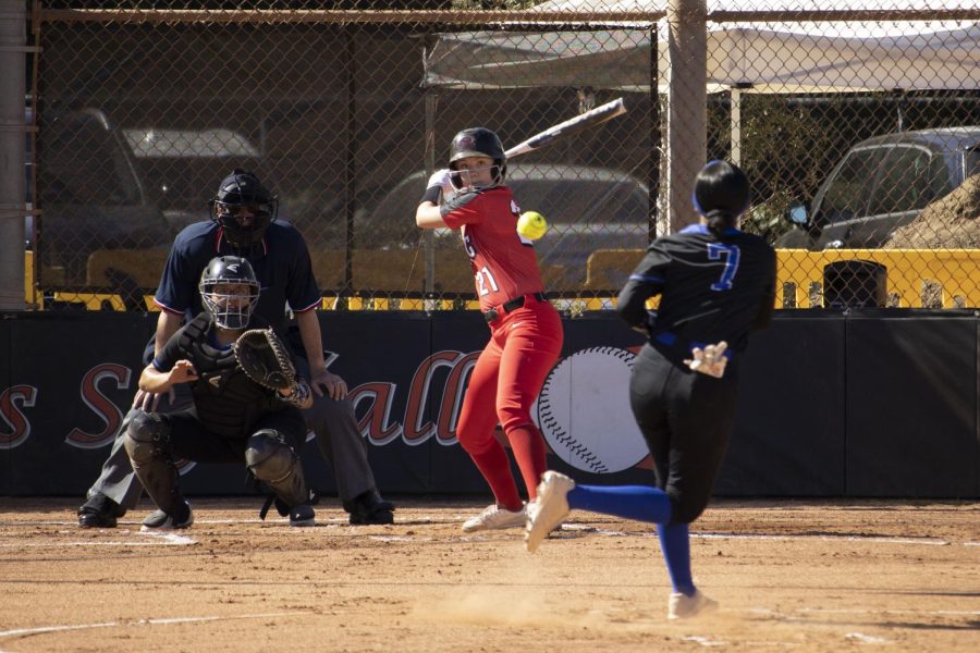 Sarah Hammonds swings for a single thrown during City College's game against San Bernardino College on Feb. 5 at City College's baseball diamond in Santa Barbara, Calif. The San Bernardino Wolverines eliminated the City College Vaqueros two games to zero.