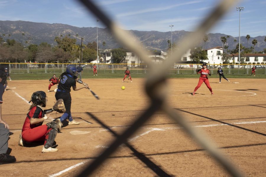 A San Bernardino player swings too early and strikes during City College's game against San Bernardino College on Feb. 5 at City College's baseball diamond in Santa Barbara, Calif. The San Bernardino Wolverines eliminated the City College Vaqueros two games to zero.