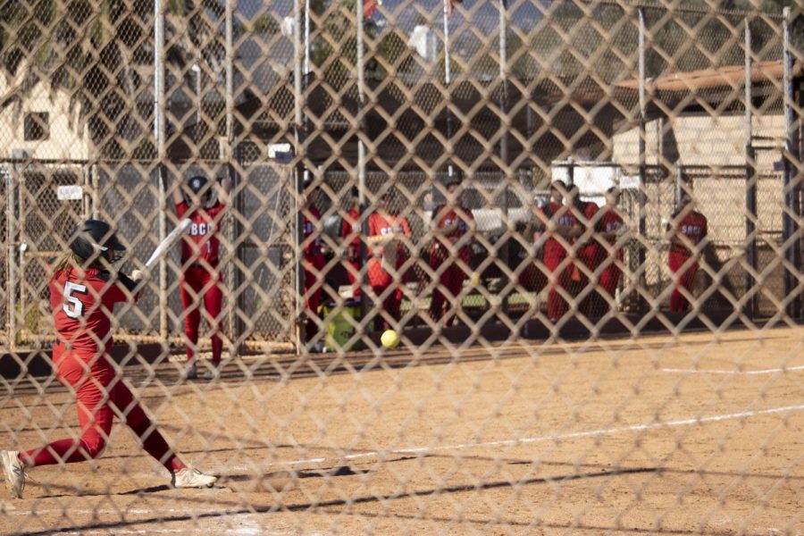 Naveah Freitas hits a base run during City College's game against San Bernardino College on Feb. 5 at City College's baseball diamond in Santa Barbara, Calif. The San Bernardino Wolverines eliminated the City College Vaqueros two games to zero.