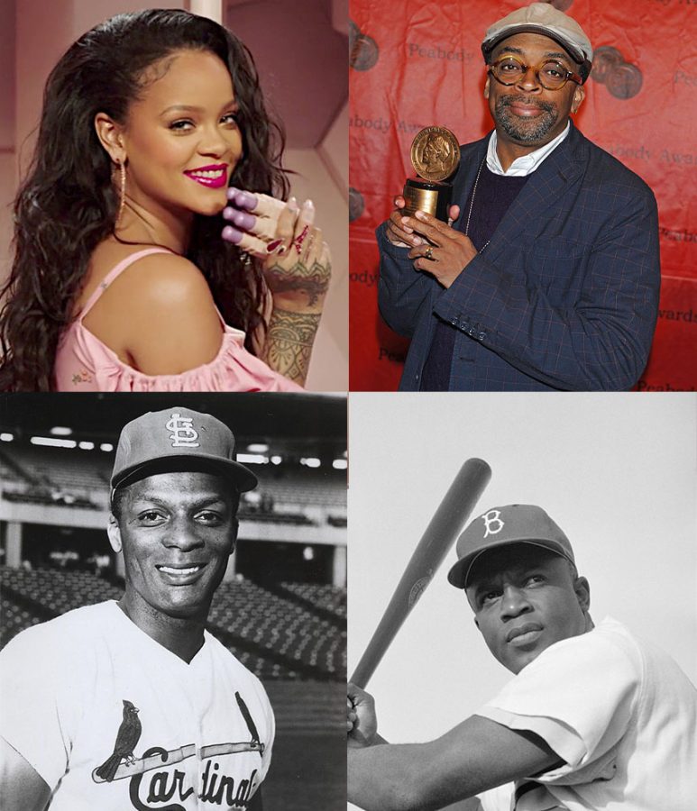 Clockwise from left, musician and entrepreneur Rihanna, filmmaker Spike Lee, baseball player Jackie Robinson and baseball player Curt Flood.
