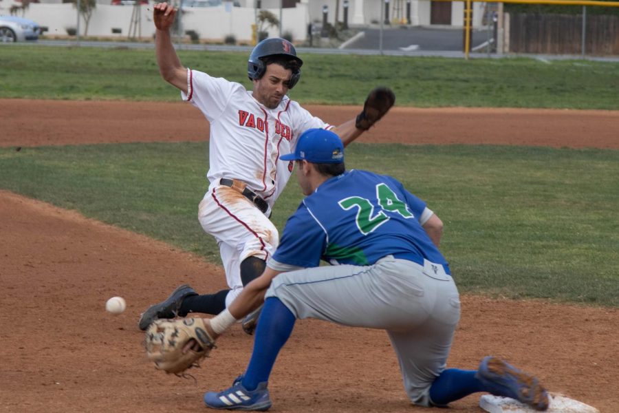 No. 5 Hunter Call slides to third base on Tuesday, Feb. 22 at Pershing Park in Santa Barbara, Calif. City College took advantage of six Oxnard College errors in the game.