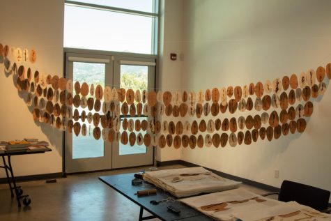 The installation Nopal by artist Tanya Aguiñiga for display on Feb. 10 at the Atkinson Gallery at City College in Santa Barbara, Calif. The materials used for this piece include clay, metal, alpaca hair, horsehair, cochineal and human hair from Aguiñigas sisters and daughter.
