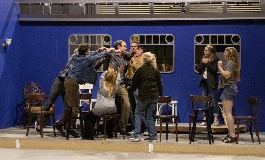 The Theatre Group at SBCC practices a tense scene from Murder on the Orient Express on Monday, Feb. 21 at City Colleges Garvin Theatre in Santa Barbara, Calif. The play will be running from March 2 - 19.