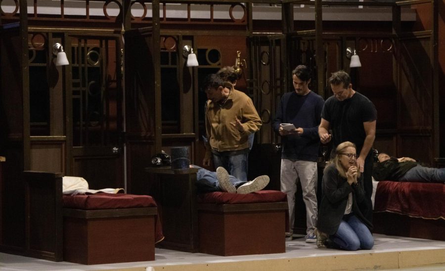 The Theatre Group at SBCC rehearses Murder on the Orient Express on Monday, Feb. 21 at City Colleges Garvin Theatre. The scene in question is where the famed detective Hercule Poirot is alerted of a body found on the train.