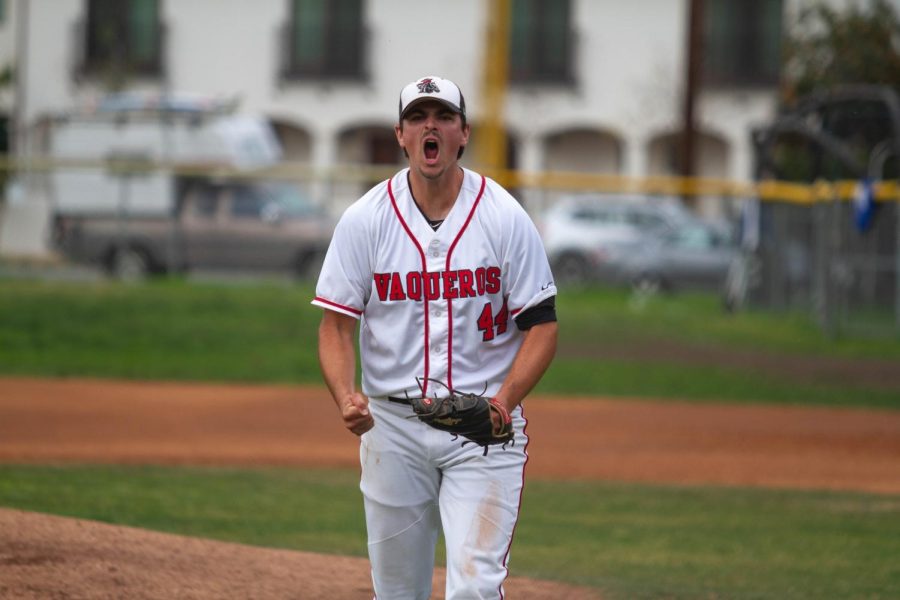 Winning relief pitcher Jake McBride, No. 44, screams following a win on Tuesday, March 15 at Pershing Park in Santa Barbara, Calif. McBride threw 2.1 innings to close out the game against Allan Hancock.