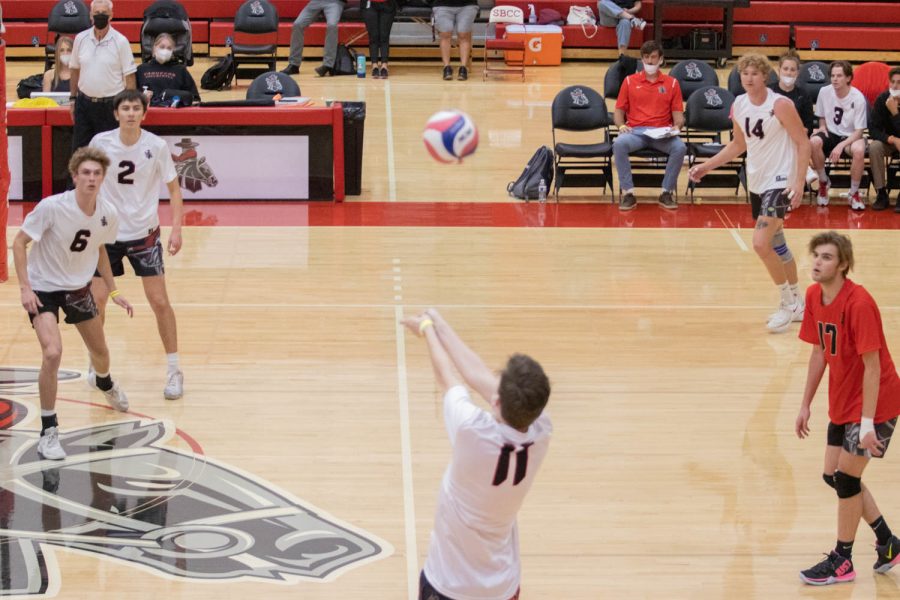 The Vaqueros get into position returning a serve during City College’s game with El Camino on March 16 at the Sports Pavilion in Santa Barbara, Calif. The City College Vaqueros lost to the El Camino Warriors 3-0.