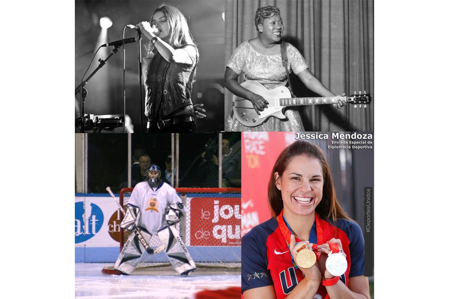 Clockwise from top left, musician Hope Sandoval photo by Sam/Creative Commons, musician Sister Rosetta Tharpe photo by James J. Kriegsmann, athlete and broadcaster Jessica Mendoza photo by U.S. Embassy Panama and athlete Manon Rhéaume photo by Tsunami330/ Wikimedia Commons.