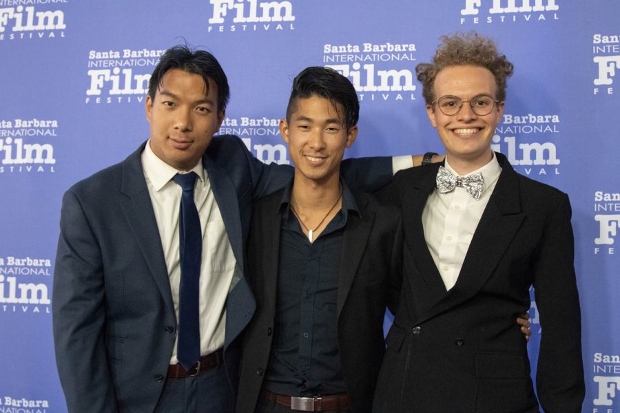 From left, student filmmakers Mark Candore, Justin Usami and Santiago Bailey-Musacchio pose on the red carpet at the 37th annual Santa Barbara International Film Festival on Saturday, March 12 at the Arlington Theatre in Santa Barbara, Calif. Bailey-Musacchio is a current City College student, while Candore and Usami are alumni from the film program. The three were featured at this year's SBIFF through the 10-10-10 Competition.
