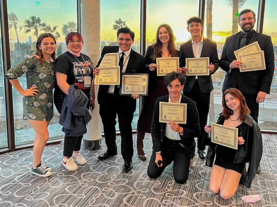 From top left clockwise, Melissa Garcia, Bianca Ascencio, Rodrigo Hernandez, Ryan Painter, Luke Fipps, Eric Evelhoch, Sunny Silverstein and August Lawrence display the awards won at the Journalism Association of Community Colleges conference on Saturday, March 5 at the Hyatt Regency in Long Beach, Calif. The Channels won 16 awards overall in mail-in and on-the-spot competitions. (Photo by Darleen Principe)