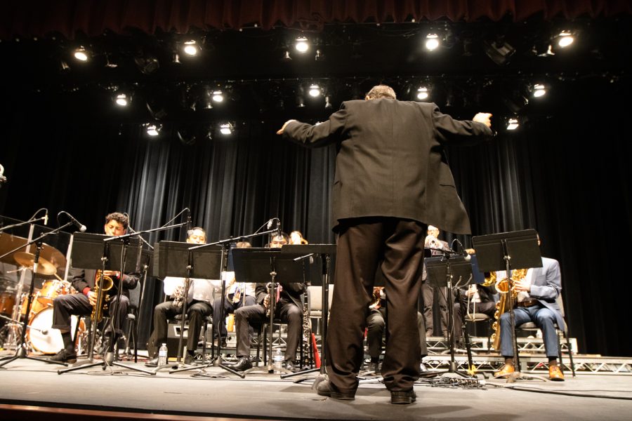Band Director Eric Heidner conducts the Good Times big band during City Colleges Big Band Blowout on April 18, at the Garvin Theater in Santa Barbara, Calif. The Big Band Blowout is City Colleges annual production showcasing its three jazz bands, Good Times, Lunch Break and New World.